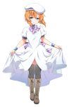  1girl :3 absurdres back_bow black_thighhighs blue_eyes blush boots bow bowtie brown_footwear brown_hair closed_mouth cross-laced_footwear dress floating_hair front_slit full_body hair_between_eyes hat highres higurashi_no_naku_koro_ni looking_at_viewer medium_hair purple_bow purple_bowtie ryuuguu_rena short_sleeves simple_background skirt_hold solo standing sweet_miuk_tea thigh-highs white_background white_dress white_hat wristband 