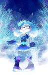  1girl absurdres bare_tree blue_bow blue_dress blue_flower blue_gloves blue_hair blue_rose blue_sash boots bow bright_pupils closed_mouth cross-shaped_pupils crown dress flat_chest flower full_body gloves highres inkling koike3582 light_blue_hair looking_up medium_hair pearl_(splatoon) pink_eyes purple_footwear rose sash sleeveless sleeveless_dress smile snowflakes solo splatoon_(series) split_mouth standing symbol-shaped_pupils tentacle_hair tree white_pupils 