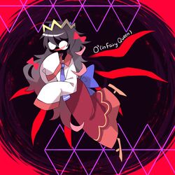  1girl back_bow beco_(100me) black_background black_hair black_skin blue_bow blue_necktie bow circlet collared_shirt colored_skin commentary_request crooked_eyewear diamond_(shape) evil_smile floating full_body glasses hair_bow hand_on_own_chin highres kirby_(series) long_hair long_skirt long_sleeves mary_janes necktie open_mouth orange_footwear possessed red_bow red_skirt ripple_star_queen round_eyewear shirt shoes skirt sleeves_past_fingers sleeves_past_wrists smile solo very_long_hair vignetting white_shirt zero_two_(kirby) 