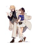  1boy 1girl ahoge anzu_(ensemble_stars!) beret black_footwear black_hat blonde_hair blue_shirt boots braid brown_hair ensemble_stars! full_body hat long_hair narukami_arashi one_eye_closed sapphire_(nine) shirt shoes short_sleeves skirt socks violet_eyes white_skirt white_socks 