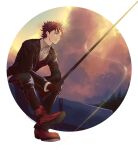  1boy absurdres black_pants diamant_(fire_emblem) fire_emblem fire_emblem_engage fishing_rod highres holding holding_fishing_rod male_focus official_alternate_costume outdoors pants red_eyes red_footwear redhead umi_(_oneinchswing) 