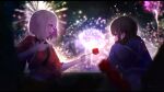  2girls absurdres aerial_fireworks artist_name black_hair blonde_hair blue_kimono blurry blush bob_cut candy_apple commentary depth_of_field english_commentary finger_gun fireworks food highres inoue_takina inverted_bob japanese_clothes kimono letterboxed long_hair looking_at_another lycoris_recoil multiple_girls night nishikigi_chisato obi official_alternate_costume open_mouth red_eyes red_kimono rnna sash short_hair short_sleeves sidelocks smile tasuki twintails violet_eyes 