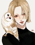  1boy animal_on_shoulder bird bird_on_shoulder black_eyes black_shirt blonde_hair blunt_ends closed_mouth commentary hair_over_one_eye highres kagoya1219 lips looking_at_viewer male_focus original owl parted_hair shirt signature simple_background solo symbol-only_commentary upper_body 