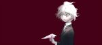  1boy ahoge black_jacket black_necktie black_suit blazer blood blood_stain collared_jacket collared_shirt commentary danganronpa_(series) danganronpa_3_(anime) green_eyes hair_between_eyes highres holding_paper_airplane jacket komaeda_nagito lapels layered_sleeves long_sleeves looking_at_viewer male_focus messy_hair necktie notched_lapels open_mouth pink_blood red_background shirt short_hair simple_background solo suit symbol-only_commentary unagi_(nakaelric) upper_body white_hair white_shirt 