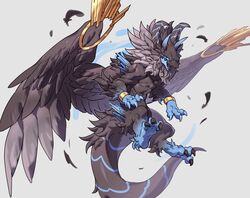  animal_focus blue_eyes bracelet claws dragon dragon_village_collection feathered_wings full_body furred_dragon highres horns jewelry kimyusin lucifer_(dvc) monster no_humans open_mouth simple_background slit_pupils solo tail white_background wings 