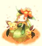  absurdres blush_stickers brown_eyes commentary_request hand_on_own_chest highres hinako15 leaf lilligant looking_ahead no_humans no_mouth no_nose orange_eyes pichu pokemon pokemon_(creature) sitting spiky-eared_pichu white_background 