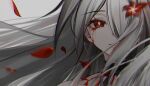  1girl acheron_(honkai:_star_rail) black_choker blood blood_from_eyes body_markings choker closed_mouth falling_petals flower hair_over_one_eye highres honkai:_star_rail honkai_(series) long_hair looking_at_viewer petals portrait red_eyes red_flower remirii simple_background solo white_hair 
