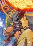  arm_up armor blue_background blue_sky claws clouds colored_skin digimon digimon_(creature) fireball gauntlets green_eyes highres horns looking_at_viewer mechanical_wings midair no_humans orange_skin oyomotin redhead sky wargreymon wings 