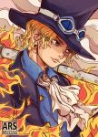  1boy absurdres arsmentae artist_name ascot blonde_hair blue_eyes burn_scar commentary english_commentary fire goggles goggles_on_headwear hat highres lead_pipe male_focus one_piece sabo_(one_piece) scar scar_across_eye scar_on_face short_hair smile solo top_hat white_ascot 