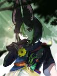  1boy animal_ear_fluff animal_ears black_hair black_shirt blunt_ends blurry bright_pupils dappled_sunlight depth_of_field drawstring earrings elbow_gloves finger_to_own_chin flower fox_ears from_below genshin_impact gloves gold_earrings gradient_eyes green_hair hair_between_eyes hood hood_down jewelry looking_at_viewer medal medium_hair multicolored_eyes multicolored_hair outdoors pinstripe_pattern shachi-kun_jup shirt short_sleeves single_earring single_elbow_glove single_wrist_cuff streaked_hair sunlight tassel tighnari_(genshin_impact) tree turtleneck two-tone_hair white_pupils wide_sleeves wrist_cuffs yellow_flower 