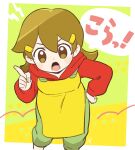  1girl 5-volt apron bebe_0620 brown_eyes brown_hair green_pants hair_ornament hairclip hand_on_own_hip hood hoodie leaning_forward long_hair open_mouth pants red_hoodie scolding simple_background warioware yellow_apron 