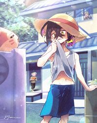  1boy 2girls black_hair blue_shorts carmine_(pokemon) closed_eyes crossed_bangs day food fruit furret grey_hair grey_tank_top hair_between_eyes hairband hat hideko_(pokemon) highres kieran_(pokemon) male_focus metoa mole mole_on_neck multiple_girls open_mouth outdoors pokemon pokemon_(creature) pokemon_sv purple_hair redhead shorts straw_hat sweat tank_top watermelon watermelon_slice yellow_eyes yellow_hairband 