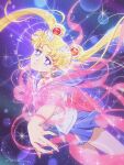  1girl back_bow bishoujo_senshi_sailor_moon blonde_hair blue_eyes blue_sailor_collar bow choker commentary_request crescent hair_bun highres long_hair looking_at_viewer magical_girl red_choker sailor_collar sailor_moon sailor_senshi_uniform sidney_deng skirt solo twintails 