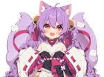  1girl :3 ahoge animal_ear_fluff animal_ears bare_shoulders bell black_choker blush bow choker detached_sleeves fang fox_ears fox_tail frills hair_bell hair_ornament indie_virtual_youtuber jacket japanese_clothes jingle_bell kimono long_sleeves looking_at_viewer mamyouda miko nekonomiya_mitarou open_mouth purple_hair red_bow red_eyes red_ribbon ribbon simple_background sleeveless sleeves_past_fingers sleeves_past_wrists smile solo tail upper_body virtual_youtuber white_background white_kimono wide_sleeves yellow_jacket 