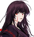  1girl black_hair commentary highres long_hair looking_at_viewer lower_teeth_only mole mole_under_eye open_mouth original red_eyes simple_background siy_(shengxiu760722) solo teeth upper_body white_background 