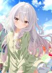  1girl aruka_(alka_p1) blue_sky blurry blush bokeh braid brown_eyes buttons cardigan closed_mouth clouds cloudy_sky commentary_request day depth_of_field falling_petals green_cardigan grey_hair hair_between_eyes hair_over_shoulder highres light_particles long_hair looking_at_viewer messy_hair original outdoors petals shirt sky smile solo very_long_hair white_shirt wind wind_lift yellow_eyes 