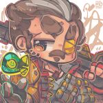  1boy 30-30_repeater absurdres animification apex_legends black_vest bomb explosive facial_hair fingerless_gloves frown fuse_(apex_legends) gloves grey_shirt gun hair_behind_ear highres holding holding_gun holding_weapon jewelry jrpencil male_focus mechanical_arms multicolored_hair mustache necklace over_shoulder red_gloves shirt single_glove single_mechanical_arm solo soul_patch streaked_hair thick_eyebrows v-shaped_eyebrows vest weapon weapon_over_shoulder 