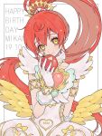  1girl ao_(ao0_0nemu) apple armlet bad_id bad_twitter_id bare_shoulders character_name commentary_request dress feathered_wings food fruit gold_trim hand_up happy_birthday holding holding_food idol_clothes long_hair looking_at_viewer low_wings ponytail pretty_series pripara red_apple redhead shiratama_mikan smile solo standing very_long_hair white_background white_dress wings wrist_cuffs yellow_eyes yellow_wings 