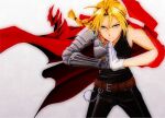  1boy belt black_pants black_shirt blonde_hair braid brown_belt cape chain closed_mouth collarbone edward_elric electricity fullmetal_alchemist gloves grey_eyes male_focus mechanical_arms pants red_cape shirt single_glove single_mechanical_arm sleeveless sleeveless_shirt solo tank_top white_background white_gloves yukimachi37 