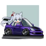  1girl animal_ear_fluff animal_ears blue_bow blue_bowtie blue_eyes blue_hair bow bowtie car cherry_hair_ornament chibi commission driving food-themed_hair_ornament fox_ears fox_girl grey_hair hair_ornament highres holeecrab honda honda_prelude indie_virtual_youtuber kirsche_verstahl long_hair motor_vehicle multicolored_hair open_mouth purple_car second-party_source solo streaked_hair twintails vehicle_focus virtual_youtuber 
