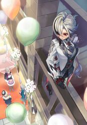  2boys 2girls absurdres arlecchino_(genshin_impact) balloon black_eyes black_gloves black_hair blonde_hair breasts cake commentary english_commentary food freminet_(genshin_impact) from_above full_body genshin_impact gift gloves grey_hair grey_jacket hair_over_one_eye hand_on_railing highres holding holding_cake holding_food holding_gift jacket kaaaaak553 long_hair long_sleeves looking_at_another looking_down lynette_(genshin_impact) lyney_(genshin_impact) medium_breasts multicolored_hair multiple_boys multiple_girls standing streaked_hair symbol-shaped_pupils very_long_hair white_hair x-shaped_pupils 