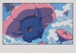  :d blue_skin border clouds cloudy_sky colored_skin flower highres jumping no_humans onamuzi_illust open_mouth outdoors plant pokemon pokemon_(creature) red_eyes sky smile vileplume 