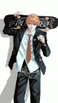  1boy bleach brown_eyes closed_mouth collared_jacket collared_shirt copyright_name earrings hand_up highres holding holding_skateboard jacket jewelry kurosaki_ichigo lip_ring long_sleeves male_focus multiple_earrings necktie open_clothes open_jacket orange_hair red_necktie ring shadow shirt skateboard solo spiky_hair suit untucked_shirt whiowl white_shirt 