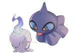  closed_eyes closed_mouth commentary_request fire grey_eyes litwick looking_down no_humans pokemon pokemon_(creature) shuppet smile tako2_eaka tongue tongue_out u_u watermark white_background yellow_pupils 