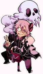  1boy absurdres chair cigarette franken_stein_(soul_eater) glasses green_eyes grey_hair highres jacket lab_coat looking_at_viewer male_focus object_through_head open_clothes open_jacket screw_in_head shading_mismatch short_hair sitting sitting_backwards skull smoking solo soul_eater stitched_face stitches vakodraws white_background white_hair yellow_eyes 