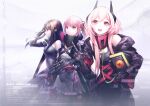  3girls ar-15 banana_(girls&#039;_frontline) brown_hair closed_mouth copyright_name girls_frontline gloves gun headgear highres holding holding_gun holding_weapon long_hair looking_at_viewer m4_sopmod_ii_(girls&#039;_frontline) m4_sopmod_ii_(mod3)_(girls&#039;_frontline) m4a1_(girls&#039;_frontline) m4a1_(mod3)_(girls&#039;_frontline) mechanical_arms multiple_girls open_mouth pink_hair purple_gloves red_eyes rifle robot scope shou_xian_wu st_ar-15_(girls&#039;_frontline) st_ar-15_(mod3)_(girls&#039;_frontline) teeth upper_teeth_only v violet_eyes weapon 