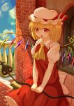  1girl absurdres ascot blonde_hair blue_sky cowboy_shot crystal_wings dress ekaapetto flandre_scarlet hat hat_ribbon highres laevatein_(touhou) open_mouth outdoors red_dress red_eyes red_ribbon ribbon sky solo touhou white_mob_cap yellow_ascot 