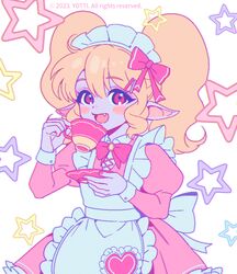  1girl :d alternate_costume apron blonde_hair blush_stickers bow bowtie cafe_cuties_(league_of_legends) cup dress enmaided fang hair_bow heart holding holding_cup juliet_sleeves league_of_legends long_hair long_sleeves maid maid_apron maid_headdress nail_polish pink_bow pink_bowtie pink_dress pink_nails pointy_ears poppy_(league_of_legends) puffy_sleeves red_eyes smile solo star_(symbol) twintails yordle yotti 