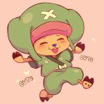  1boy :3 ^_^ blue_nose blush closed_eyes cross english_commentary english_text full_body green_jumpsuit hat heart highres hooded_jumpsuit jumpsuit lowrri male_focus one_piece outstretched_arms simple_background solo tony_tony_chopper 