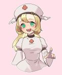  1girl blonde_hair cross curly_hair dress fanny_(guilty_gear) green_eyes guilty_gear guilty_gear_petit hat highres juliet_sleeves long_hair long_sleeves looking_at_viewer nurse nurse_cap open_mouth pink_background puffy_sleeves red_cross smile upper_body white_dress white_hat wide_sleeves winged_hat yeji36 