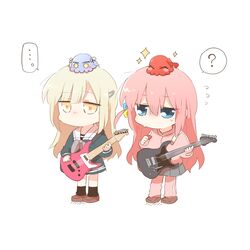 ... 2girls ? ^_^ bang_dream! bang_dream!_it&#039;s_mygo!!!!! black_socks blonde_hair blue_eyes blue_serafuku blue_shirt blue_skirt blush_stickers bocchi_the_rock! brown_footwear chibi closed_eyes cube_hair_ornament electric_guitar flying_sweatdrops gotoh_hitori grey_neckerchief grey_skirt guitar hair_between_eyes hair_ornament hairclip holding holding_instrument instrument jacket kita_ikuyo long_hair multiple_girls neckerchief on_head one_side_up pants pants_under_skirt pink_hair pink_jacket pink_pants pleated_skirt plectrum rebecca_(keinelove) school_uniform serafuku shirt shoes simple_background skirt socks sparkle spoken_ellipsis spoken_question_mark standing togawa_sakiko track_jacket track_pants track_suit very_long_hair wakaba_mutsumi white_background yellow_eyes