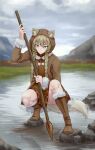  1girl absurdres animal_ear_fluff animal_ears arm_up blurry blurry_background boots braid brown_eyes brown_shirt brown_tail closed_mouth coat depth_of_field ears_through_hood facing_viewer fish fishing fox_ears fox_girl fox_tail fur-trimmed_boots fur-trimmed_coat fur-trimmed_sleeves fur_trim hair_between_eyes highres holding holding_polearm holding_weapon hood iskanderednaksi knee_boots landscape leather leather_boots light_brown_hair long_hair looking_down nature original polearm rock shirt sky solo spear squatting stream tail thick_eyebrows thighs twin_braids very_long_hair water weapon 