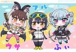  animal_ears bat_ears bat_girl bat_wings black_hair brown_eyes brown_hair brown_long-eared_bat_(kemono_friends) choker dress elbow_gloves endoluphy extra_ears first_stage_production gloves goggles green_hair grey_hair gun hair_ornament hammer headphones highres hood hoodie humboldt_penguin_(kemono_friends) kemono_friends kemono_friends_v_project leotard long_hair mabuta_(mbt) microphone pantyhose penguin_girl pickaxe rust sailor_dress shoes short_hair skirt sleeveless thigh-highs violet_eyes virtual_youtuber weapon wings yellow_eyes 