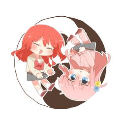  2girls :d ^_^ blue_eyes bocchi_the_rock! brown_footwear brown_sailor_collar brown_shirt chibi closed_eyes cube_hair_ornament gotoh_hitori grey_skirt hair_ornament jacket kita_ikuyo multiple_girls one_side_up pants pants_under_skirt parted_lips pink_hair pink_jacket pink_pants pleated_skirt rebecca_(keinelove) redhead sailor_collar school_uniform serafuku shirt shoes skirt smile socks track_jacket track_pants track_suit white_background white_socks yin_yang 