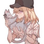  1girl animal animalization bang_dream! bang_dream!_it&#039;s_mygo!!!!! baseball_cap black_hat blonde_hair cat chinese_commentary commentary_request grey_cat hat highres holding holding_animal holding_cat junjun_(kimi-la) medium_hair misumi_uika rejected_kiss shirt simple_background solo togawa_sakiko upper_body violet_eyes white_background white_shirt 