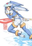  1girl andorlier android armor artist_logo blue_armor blue_eyes blue_footwear boots crop_top fairy_leviathan_(mega_man) forehead_jewel helmet high_heel_boots high_heels highres holding holding_polearm holding_weapon looking_at_viewer looking_back mega_man_(series) mega_man_zero_(series) polearm robot_girl simple_background solo spear thigh_boots tongue tongue_out water weapon white_background 