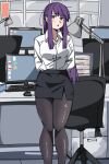  1girl arms_behind_back black_pantyhose blush breasts chair contemporary desk_lamp fern_(sousou_no_frieren) highres lamp long_hair looking_at_viewer monitor mouse_(computer) office_lady open_mouth pantyhose pencil_skirt perutore purple_hair skirt solo sousou_no_frieren violet_eyes 