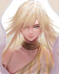  1boy bishounen blonde_hair blue_eyes collar commentary commentary_request floating_hair granblue_fantasy hair_between_eyes hair_over_one_eye light_smile lips long_hair looking_at_viewer lucio_(granblue_fantasy) male_focus messy_hair robe sidelocks spiky_hair tki upper_body white_background 