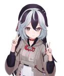  1girl beret black_hair black_hat black_nails black_shirt brown_jacket closed_mouth collarbone commentary_request coralie_(honkai_impact) double_v grey_eyes grey_hair hands_up hat honkai_(series) honkai_impact_3rd jacket kosode_(syakoto) layered_sleeves long_sleeves multicolored_hair nail_polish puffy_long_sleeves puffy_sleeves shirt simple_background smile solo two-tone_hair upper_body v white_background wide_sleeves 