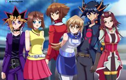  3boys 3girls arms_behind_back black_hair blonde_hair blue_eyes blush brown_hair duel_academy_uniform_(yu-gi-oh!_gx) fudou_yuusei happy izayoi_aki long_hair mazaki_anzu multicolored_hair mutou_yuugi orange_eyes red_hair short_hair sincity2100 smile spiky_hair tenjouin_asuka turtleneck yuu-gi-ou yuu-gi-ou_5d's yuu-gi-ou_duel_monsters yuu-gi-ou_gx yuuki_juudai 