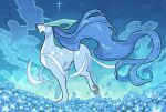  blue_flower blue_fur blue_hair blue_theme body_fur flower flower_bed forehead_jewel full_body highres long_hair looking_up ohayou_milk pokemon pokemon_(creature) red_eyes suicune 