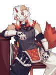  1boy arknights axianorange black_shirt chinese_commentary colored_tips commentary furry furry_male gloves highres horns hung_(arknights) komainu_boy komainu_ears komainu_tail male_focus multicolored_hair orange_eyes pants shirt single_horn sitting sleeveless sleeveless_shirt smile white_background white_pants 