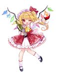  1girl alcohol ascot bat_wings black_footwear blonde_hair bottle crystal cup drinking_glass flandre_scarlet full_body hat hat_ribbon highres holding holding_cup mob_cap multicolored_wings one_eye_closed one_side_up open_mouth puffy_short_sleeves puffy_sleeves red_eyes red_skirt red_vest ribbon short_sleeves side_ponytail skirt skirt_set socks solo torii_sumi touhou vest white_hat white_socks wine wine_bottle wine_glass wings yellow_ascot 