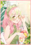  1girl absurdres alternate_breast_size alternate_costume bare_arms bespectacled blurry blurry_background border bracelet braid breasts commentary cup day depth_of_field drinking_glass earrings eyelashes floral_print food fruit glasses glint gold_bracelet gold_earrings green_eyes green_hair green_hairband green_sweater hairband highres jewelry kanroji_mitsuri kimetsu_no_yaiba long_hair looking_at_viewer mole mole_under_eye nail_polish nimo_mo orange_(fruit) orange_slice parted_lips pink_border pink_hair pink_lips pink_nails plant print_hairband ribbed_sweater sleeveless sleeveless_sweater solo sweater tareme tinted_eyewear tropical_drink twin_braids upper_body yellow-framed_eyewear 