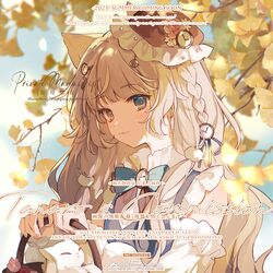  1girl 2021 animal_ears bare_shoulders basket bell black_bow black_bowtie blonde_hair blue_bow blue_bowtie blue_ribbon blue_sky blue_vest blunt_bangs bow bowtie braid brown_hat cat cat_ears cat_girl ccha chinese_commentary clock_hair_ornament clock_hat_ornament collared_shirt commentary_request commission daisy day detached_sleeves flower frilled_hat frilled_sleeves frills hair_bell hair_ornament hair_ribbon hat hat_flower highres holding holding_basket light_particles long_hair long_sleeves looking_ahead mini_hat mob_cap original outdoors pink_flower pink_rose pom_pom_(clothes) pom_pom_hair_ornament ribbon rose sample_watermark shirt single_braid sky sleeveless sleeveless_shirt solo tree two-tone_bowtie upper_body vest watermark weibo_watermark white_cat white_flower white_shirt white_sleeves 