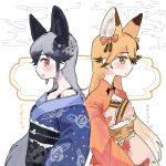 2girls animal_ears back-to-back belt black_belt black_bow blue_kimono blush bow brown_hair cowboy_shot extra_ears ezo_red_fox_(kemono_friends) fascinator floral_print_kimono fox_ears fox_girl frilled_kimono frills grey_hair hair_between_eyes hair_bow inu_(user_arjr4358) japanese_clothes kemono_friends kemono_friends_3 kimono long_hair long_sleeves multicolored_hair multiple_girls obi official_alternate_costume orange_belt orange_bow orange_eyes orange_hair orange_kimono sash sidelocks silver_fox_(kemono_friends) translation_request